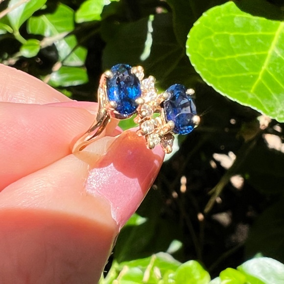 VINTAGE 14K GOLD BLUE SAPPHIRE DIAMOND TOI ET MOI RING ENGAGEMENT ANNIVERSARY - Picture 10 of 16